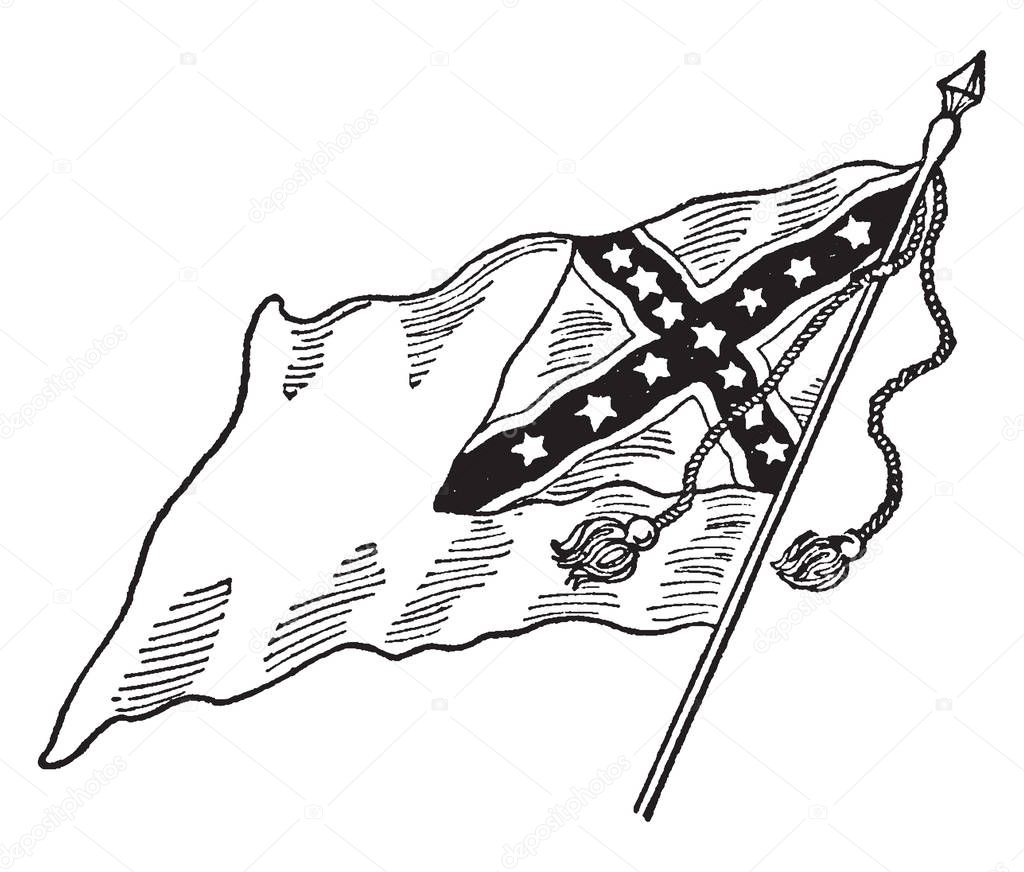 Confederate National Flag - No. 2, this flag  has dark saltire with white outline on top right corner, 13 stars inside the saltire, vintage line drawing or engraving illustration