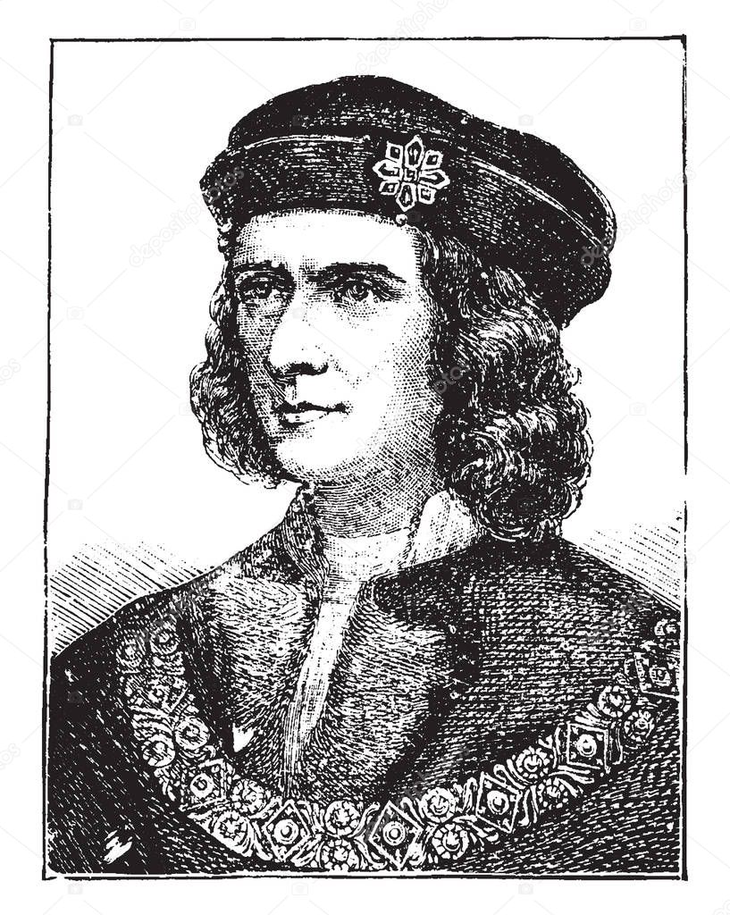 Richard III of England, 1452-1485, he was the king of England from 1483 to 1485, vintage line drawing or engraving illustration
