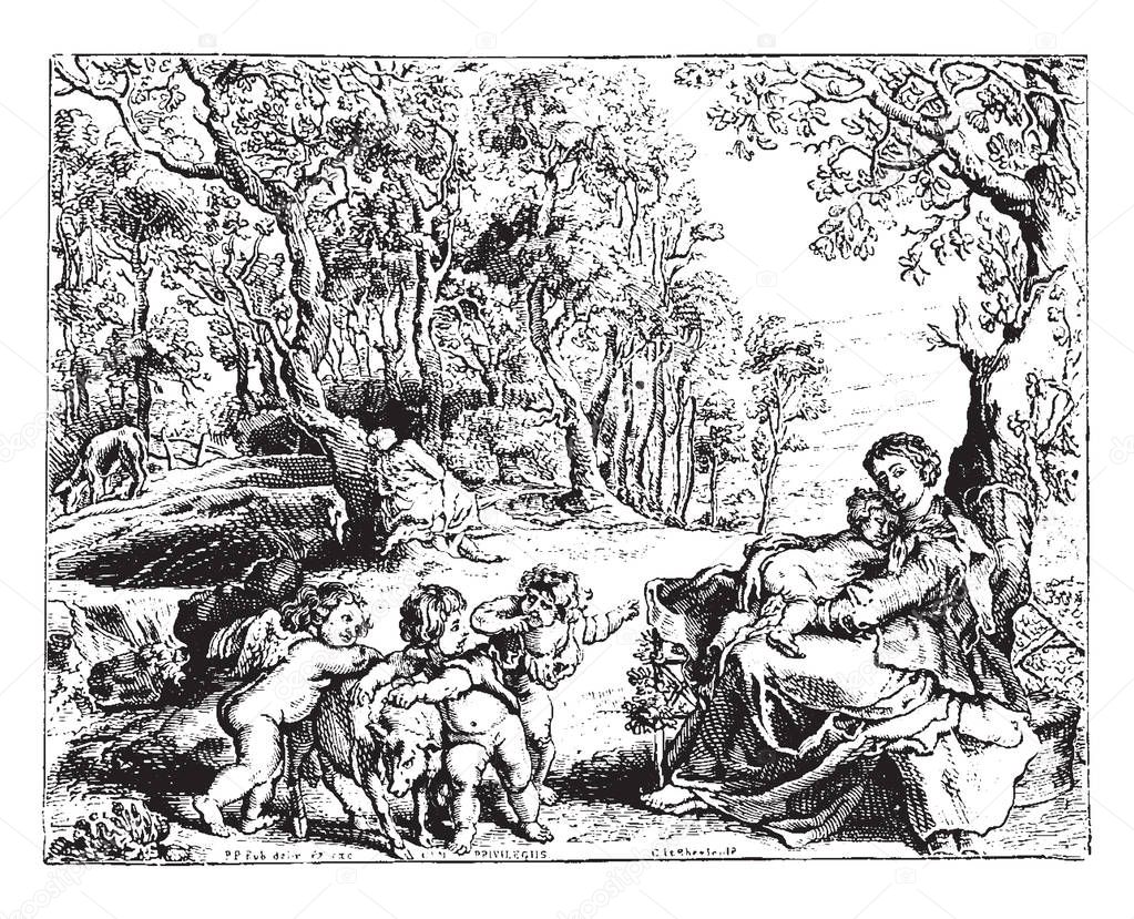The Flight into Egypt is engraving by Peter Paul Rubens, vintage line drawing or engraving illustration.