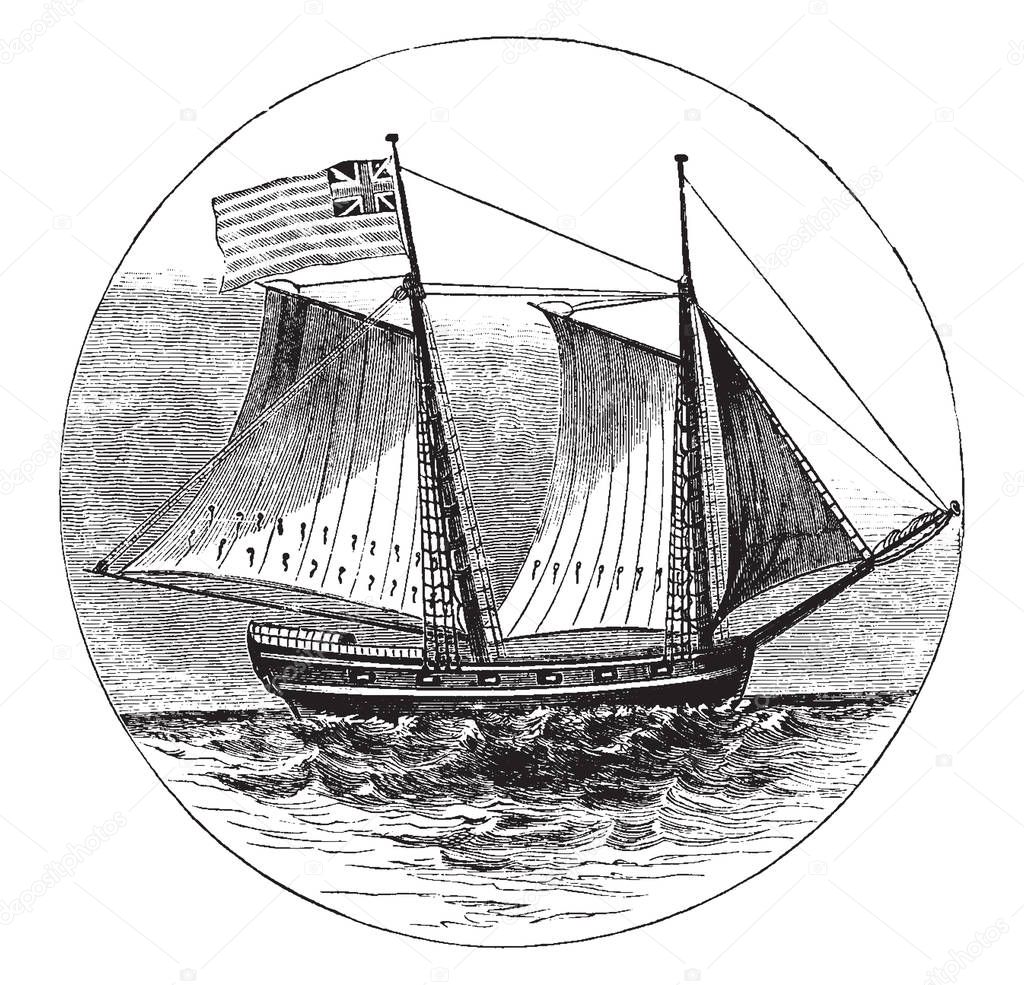 The Royal Savage is a two masted schooner was damaged and sunk by American forces under Richard Montgomery during the siege of St Johns, vintage line drawing or engraving illustration.
