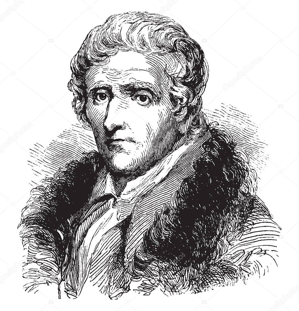 Daniel Boone, 1734-1820, he was an American pioneer, explorer, frontiersman and one of the first folk heroes of the United States, famous for his exploration and settlement, vintage line drawing or engraving illustration