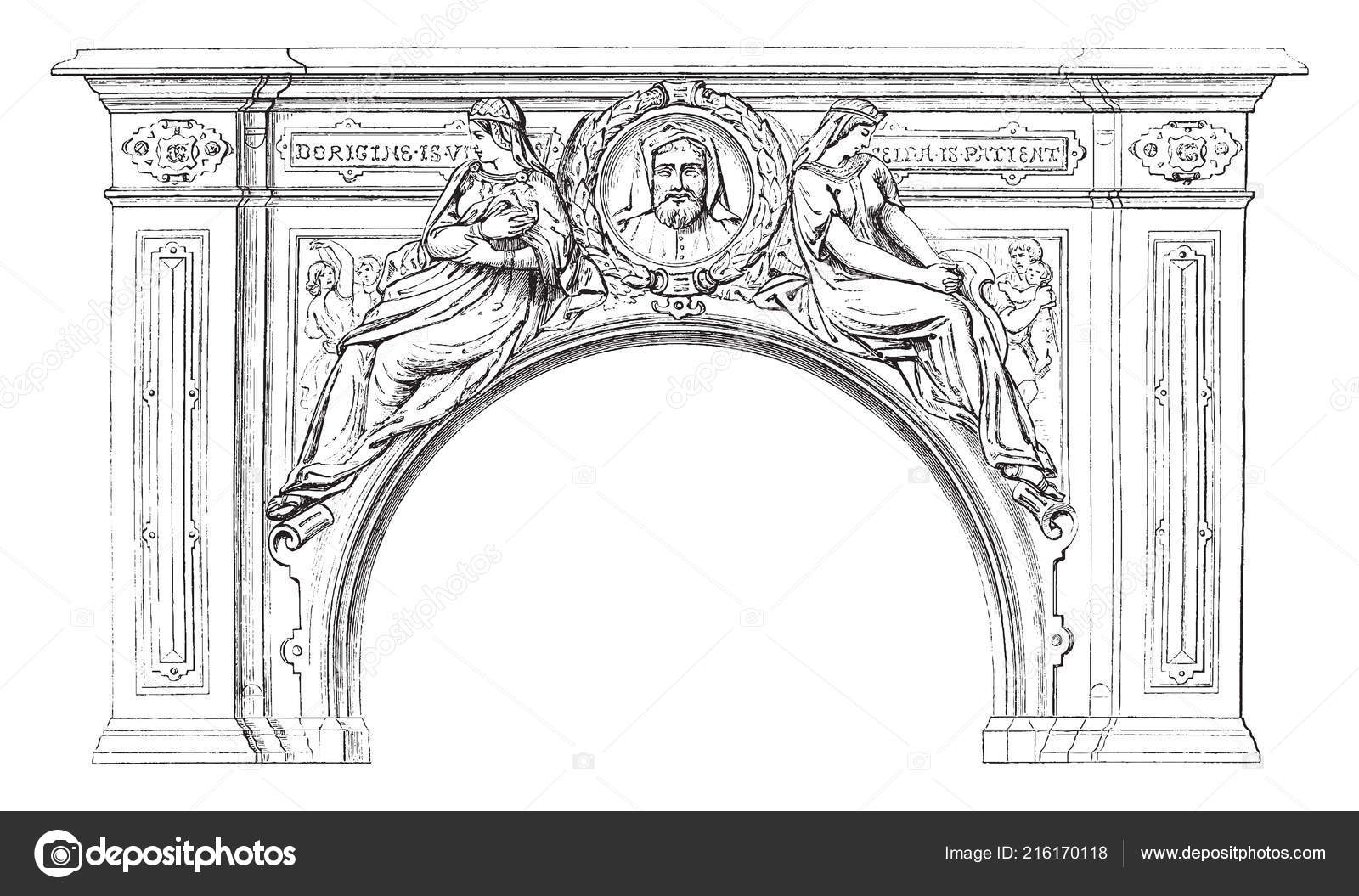 Fireplace Sculpture Shown Medallion Center Vintage Line Drawing