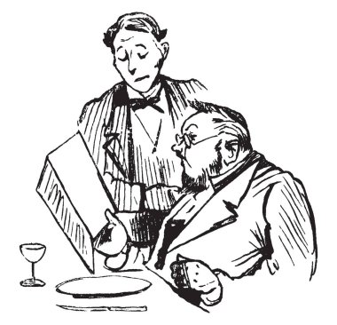 Bu resimde garson ve müşteri temsil eder nerede bir menü, vintage çizgi çizme veya oyma illüstrasyon bakıyor bir müşteri bir sipariş alarak garson.