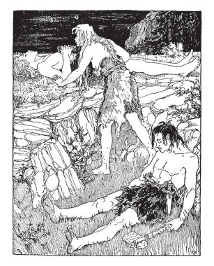 Kayanın üzerinde uyuyan adam ve kayaya yaslanmış ve uyku, vintage çizgi çizme veya illüstrasyon oyma başka bir insan izlerken bir kadın