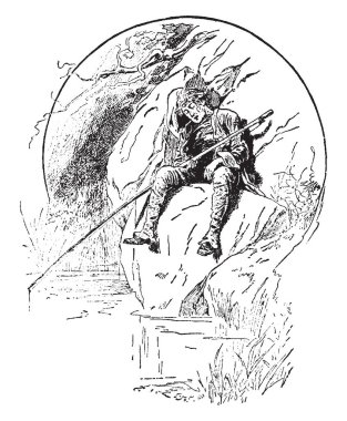 Bu resimde bir kayanın üzerine oturan yaşlı bir adam var ve onun el, vintage çizgi çizme veya oyma illüstrasyon bir olta kamışı ile uyuyor.