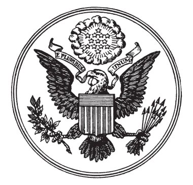 Büyük mühür Amerika Birleşik Devletleri'nin bu daire şekli mührü kel kartal E Pluribus Unum kalkan göğüs kafesini açar vardır ve zeytin dalı ve okları, holding üst, vintage çizgi çizme veya oyma illüstrasyon yıldız sloganıyla vardır. 