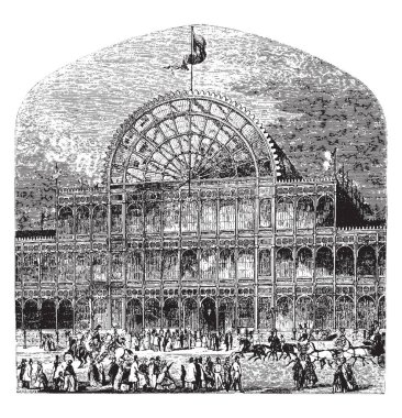Kadın ve erkek girişinde dışında Crystal Palace için duruyor. Atlar ve arabalar da dışarıdalar. Binanın üst kısmında bir bayrak ve orada daha fazla bayraklar, vintage çizgi çizme veya oyma illüstrasyon.