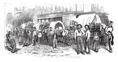 Trende bir konvoy öncüleri ya da Kuzey Amerika, vintage çizgi çizme veya oyma illüstrasyon yerleşimciler tarafından kullanılan gibi kapalı at arabaları tren mi.