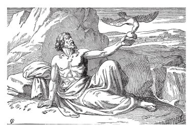 Elijah fed by Angels, this scene shows an eagle carrying food and giving to a man who is resting on rock, mountains in background, vintage line drawing or engraving illustration clipart