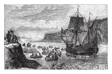 Henry Hudon geminin Half Moon Hudson Nehri, vintage çizgi çizme veya oyma illüstrasyon adlı.