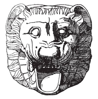 Çirkin yaratık aslan kafa Metapontum içinde bulundu, oyma veya grotesk, küçük varyasyon, vintage çizgi çizme veya oyma illüstrasyon kurdu.
