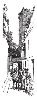 Çiçekler, vintage çizgi çizme satış veya illüstrasyon oyma eşek ile bir adam