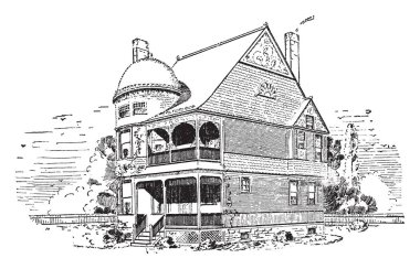 Bay Ridge, apartmanlar, sopa Victoria tarzı ev, kubbe, karmaşık ahşap, vintage çizgi çizme veya oyma illüstrasyon.