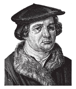 Martin Luther, 1483-1546, he was a German professor of theology, composer, priest, monk, and a seminal figure in the protestant reformation, vintage line drawing or engraving illustration