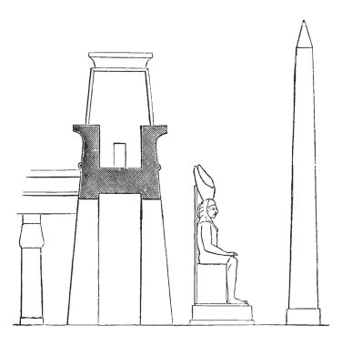 Pilon Palace Luxor, devasa heykeli ve Dikilitaş, kasalı, karmaşık bulunduğu, Doğu Nehri'nin, kadeş, Amun, Chons, Mısır mimarisi, Mısır, vintage Muharebesi satır çizim veya oyma illüstrasyon.