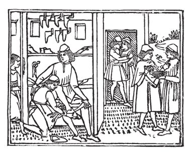 A Bootmaker's Shop from the Decameron printed in 1492 by Giovanni Boccaccio, vintage line drawing or engraving illustration. clipart