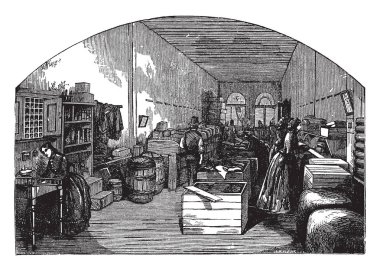 Bir sürü şey sakladığı depo, vintage çizgi çizme veya oyma illüstrasyon.