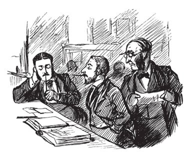 Üç adam bir kitaba bakmalısın tablo, vintage çizgi çizme veya oyma illüstrasyon devam etti