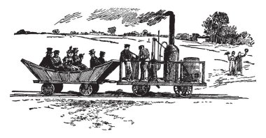 Peter Cooper tren Tom Thumb, vintage çizgi çizme veya oyma illüstrasyon denilen Amerikan malı ilk buharlı tren lokomotifi imal.