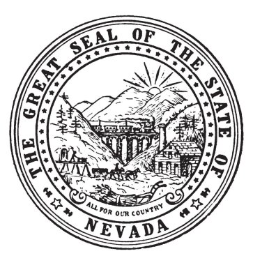 Nevada eyaleti büyük mühür, bu daire şekli mührü vardır güneş, dağlar, demet, pulluk ve tren, iç halka ve Nevada devlet dış halka, vintage çizgi çizme veya oyma illüstrasyon yazılı mührü üzerinde 36 yıldız