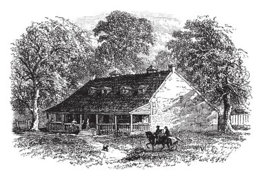 Görüntü yeşil ağaçları ile çevrili Greenway mahkeme gösterir. Mahkeme sundurma portikolardan vardır. Equestrians meskeninbütün, vintage çizgi çizme veya oyma illüstrasyon gezinme.