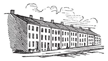 Bir satır, vintage çizgi çizme veya oyma resimde birden çok evler.