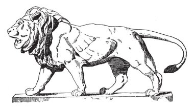 Aslan bir Modern Fransız heykel, vintage çizgi çizme ya da oyma illüstrasyon yürüyor.
