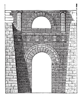 Etrüsk Arch Perugia, Etrüsk binaların izleri, Volterra Gate sulak bölge çizim veya illüstrasyon oyma Roma yaşanabilir, vintage çizgi tepeler arasında.