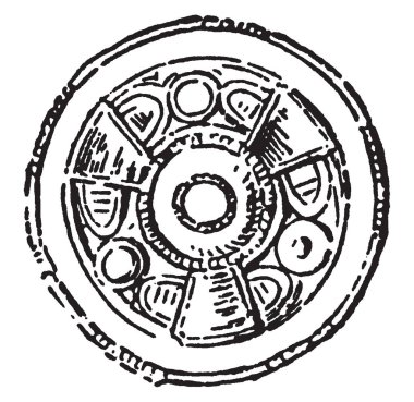 Kabartma, vintage çizgi çizme veya oyma illüstrasyon, dövülmüş eser ile Anglo-Sakson broş.