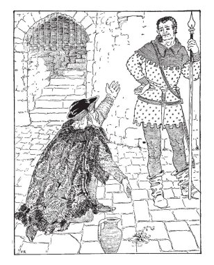 Picciola, bu sahneyi hapishane yakınındaki mızrak ayakta olan bir adam ve başka bir dizinin üstüne oturan ve ona saksıyı konuşuyor dostum ve zemin, vintage çizgi çizme veya oyma illüstrasyon çiçek gösterir