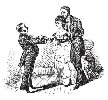 Çift ayakta onu, vintage çizgi çizme veya oyma illüstrasyon önünde konuşan bir adam