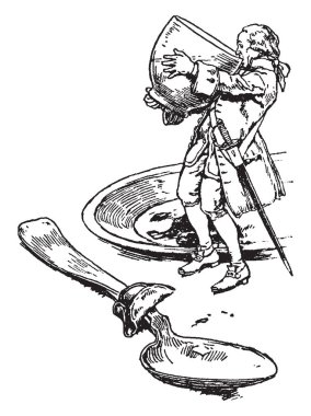 Onu, vintage çizgi çizme veya oyma illüstrasyon dev Kupası, dev plaka ve dev kaşık ile içme bir dev adam tuttu bu sahneyi Gulliver's Travels, gösterir