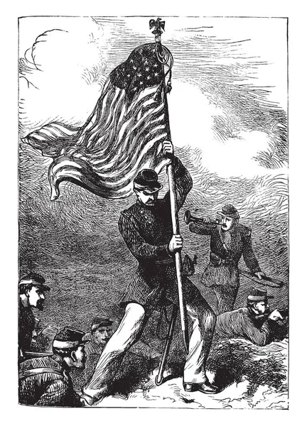 このイメージの米国の兵士は地面に旗を植えています ビンテージ ライン描画 土地の所有権を主張してやイラストを彫刻を意味する地面のフラグの植栽 — ストックベクタ