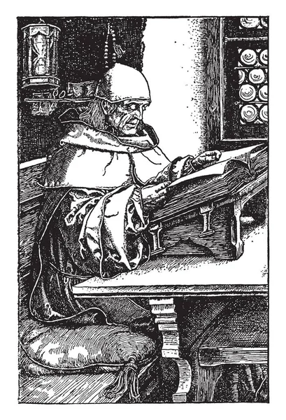 男は本を読んで スタンド テーブル 古い宗教 ビンテージの線の描画や彫刻イラスト — ストックベクタ