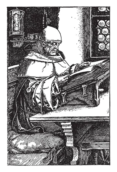 Man Reading Libro Stand Tavolo Più Vecchio Religioso Disegno Linee — Vettoriale Stock