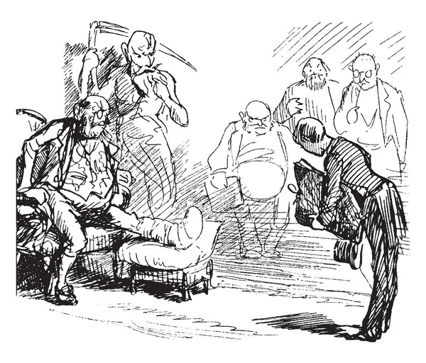 Ein Mann Mit Verletztem Bein Stuhl Sitzend Und Andere Männer — Stockvektor