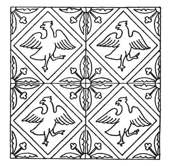 中世のタイル パターンがある つの鳥と葉デザイン ヴィンテージの線描画や彫刻イラスト — ストックベクタ