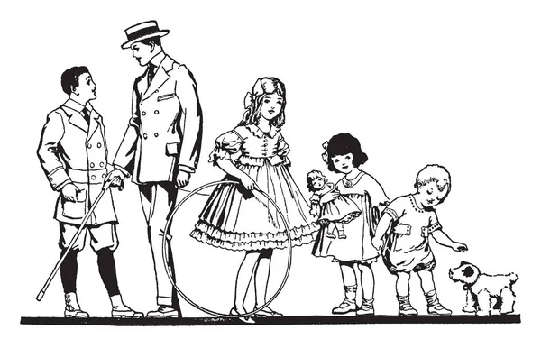 Homme Avec Groupe Enfants Chien Dessin Ligne Vintage Illustration Gravure — Image vectorielle