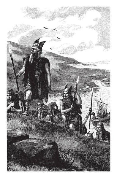 Группа Мужчин Шлемах Стоящих Берегу Рисунок Винтажной Линии Гравировка Иллюстрации — стоковый вектор