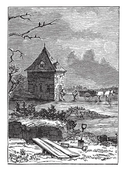 瘟疫坑在 Finsbury 黑死亡的受害者被埋没了 复古线图画或雕刻例证 — 图库矢量图片