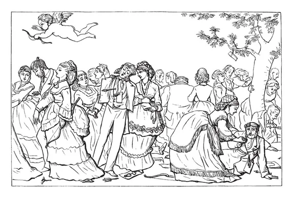 Des Femmes Qui Marchent Avec Les Blessés Cupidon Leur Tire — Image vectorielle