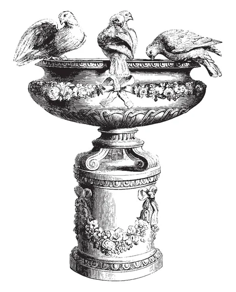 Bird Bath Presenta Quattro Uccelli Scolpiti Appollaiati Lungo Parte Superiore — Vettoriale Stock