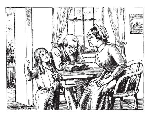 Famille Table Enfant Père Homme Mère Table Femme Dessin Gravure — Image vectorielle