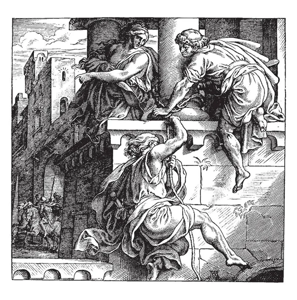 喇合和间谍 这个场景显示一个女孩坐在顶部和两个男子攀登墙与绳子 以达到她的背景下 马骑手 复古线画或雕刻插图 — 图库矢量图片