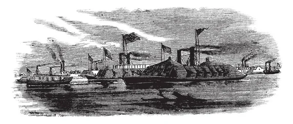 1862 年にフット砲艦戦隊だったアメリカ南北戦争 ビンテージの線描画や彫刻イラスト中に連合海軍の建設都市クラスの装甲砲艦 — ストックベクタ