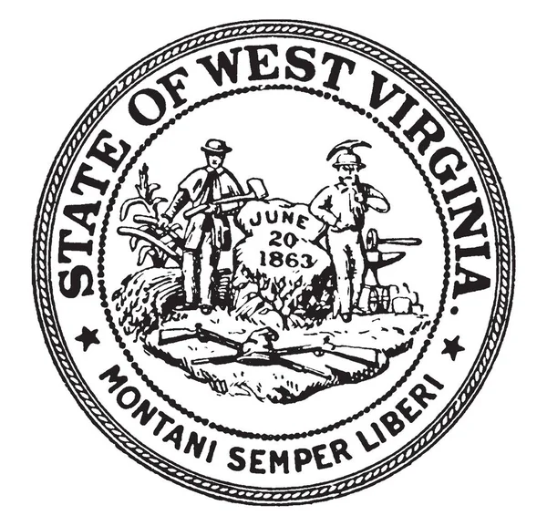 西弗吉尼亚州的印章 这印章有枪和秸秆 两名男子站在岩石两侧刻有日期 1863年6月20日 男子持有斧头 复古线画或雕刻插图 — 图库矢量图片