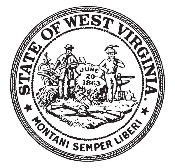 The Seal of the State of West Virginia, this seal has  guns & cornstalk, two men standing on either side of rock inscribed with date JUNE  20 1863, men holding axe, plow, pickaxe,  vintage line drawing or engraving illustration 