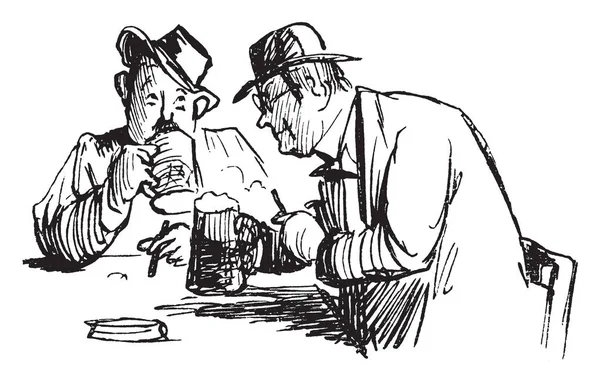 Zwei Männer Die Tisch Sitzen Und Trinken Vintage Zeichen Oder — Stockvektor