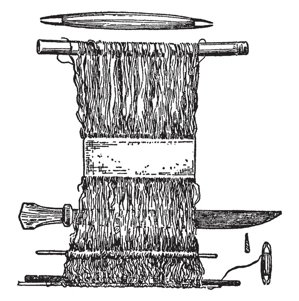 手织机是最早的织布机 是垂直的经加权织布机 经螺纹悬挂在树枝或一块木头上 并加权或附着于地面 复古线画或雕刻插图 — 图库矢量图片
