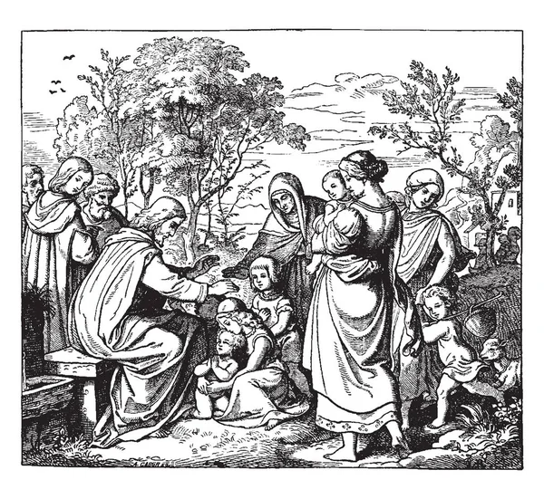耶稣祝福小朋友们 它显示了一个女人坐在她的孩子 和周围的人群和几个小孩子 耶稣坐在板凳上给小孩子的祝福 老式的线条画或雕刻插图 — 图库矢量图片